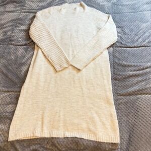 Stitchdrop Womens Mock Neck Ribbed Sleeve Knit Sweater Dress Oatmeal Beige Shift